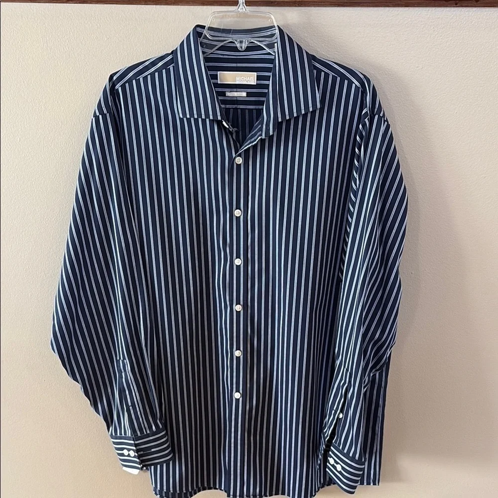 Michael Kors non iron men’s button down shirt white blue striped nautical 17.5